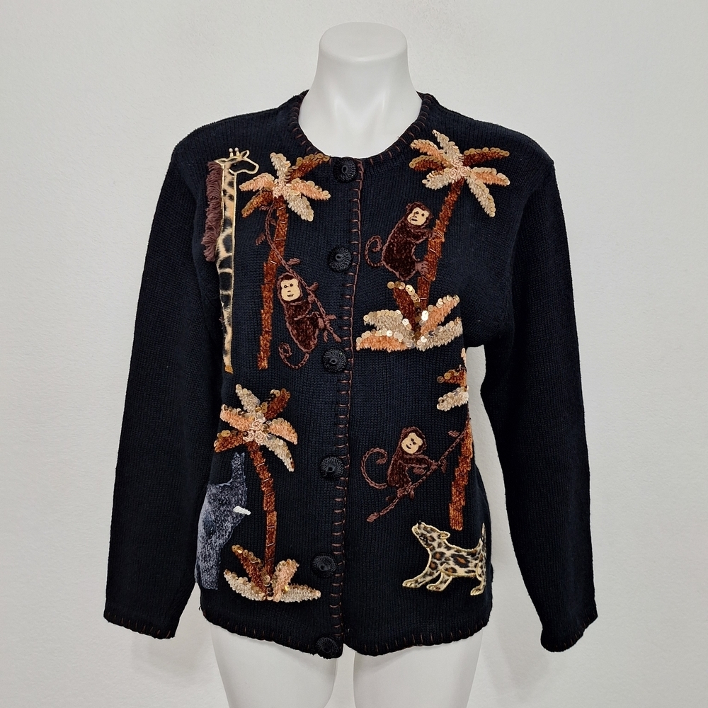 Lisa international Vintage 1990's Animal Embroidered Grandmacore Knit Jacket- L